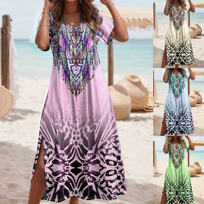 #ad Boho Womens Short Sleeve Loose Slip Sundresses Ladies Beach Summer Maxi Dresses $25.39