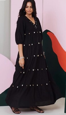 Black Mirror cowrie Embroidered Maxi Dress vintage look Vintage dress $49.67