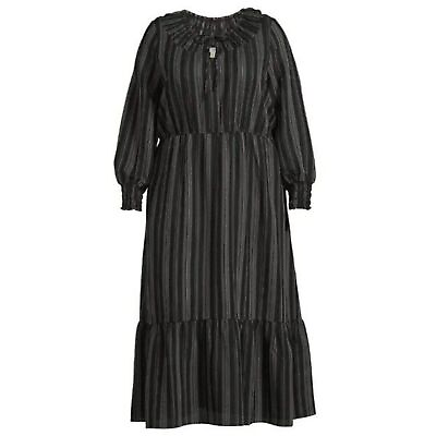 #ad TERRA amp; SKY Peasant Tiered Long Sleeve Maxi Dress Plus 4X Ikat Stripe Black NWT $25.00