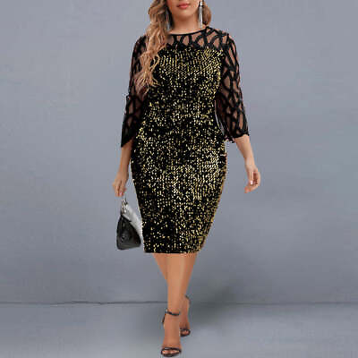 #ad Elegant Sequin Plus Size Mesh Sleeve Round Neck Midi Dress $349.95