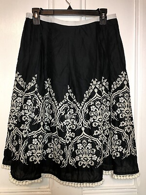 #ad NWT Ann Taylor Loft A Line Black White Floral Pom Pom Hem Cotton Skirt 8P $15.95