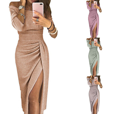 Ladies Party Dresses Glitter Maxi Off Shoulder Long Dress Womens Evening Formal $12.82