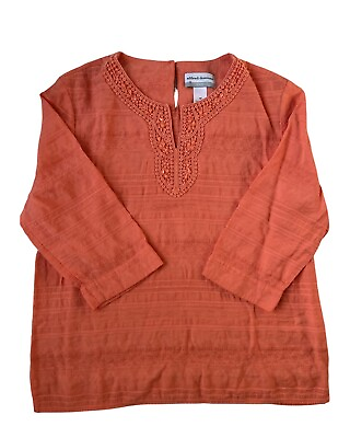 Alfred Dunner Petite 16 P Tunic Blouse Orange V Neck Beaded Embroidery Boho $17.99