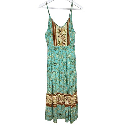 #ad Boho Hippie Blue amp; Brown Floral Midi Length Sun Dress Size Medium $18.00