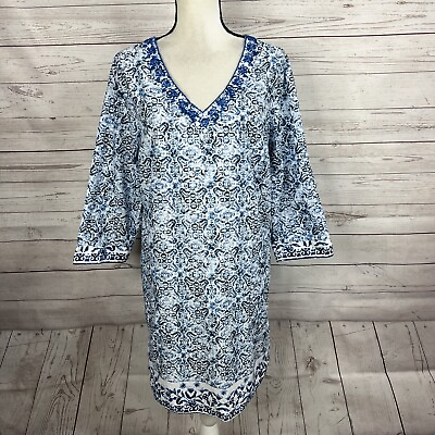 #ad Lands#x27; End Womens Beach Cover Up Tunic Dress Size Medium Blue White Embroidered $19.99