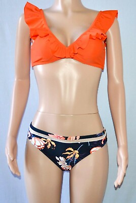 #ad Women’s Two Piece Swimsuit Orange Ruffle Floral Size Medium $15.75