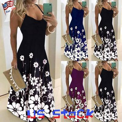 #ad Plus Size Women Boho Summer Beach Sundress Ladies Floral Strappy Long Dresses $18.99