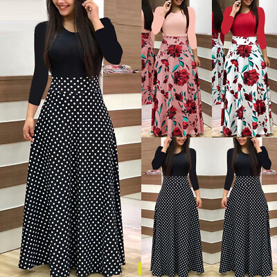 #ad Fashion Women Casual Boho Dress Long Sleeve Polka Dot Printed Maxi Dress $17.85