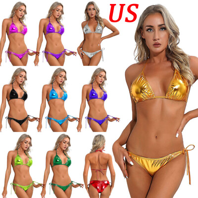 #ad #ad US Womens Metallic Swimsuit Halter Bra Top Thongs Tie Side Triangle Bikini Suit $7.43