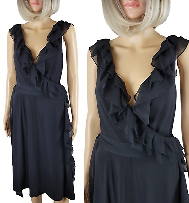 Suzi Chin Womens Black Cocktail Formal Dress Wrap Chiffon Ruffles 14 $19.99