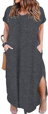#ad HBEYYTO Women#x27;s Plus Size Maxi Dresses V Neck Casual Short Sleeve Loose Pocket S $76.21