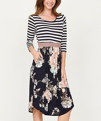 #ad Navy Stripe amp; Floral Midi Dress woman plus $17.99