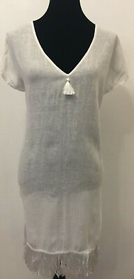 J. Crew Womens Swimsuit Beach Cover Up Tunic Dress Size XS White Linen Fringe $44.99