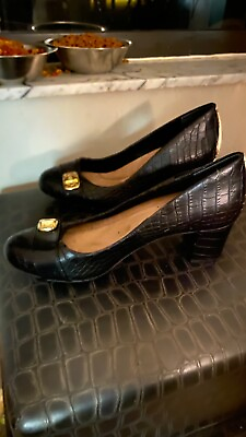 Gianni Bernini Womens Heel Black Leather Croc Block Heel 6.5 Memory Foam $25.00
