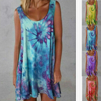 #ad Women Summer V Neck Beach Sundress Loose Sleeveless Tie dye Print Dress Casual $14.09