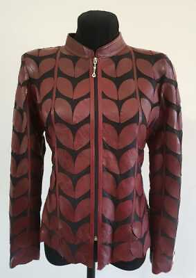 Burgundy Plus Size Leather Coat Woman Jacket Leaf Design Zip Light Short Soft D1 $225.00