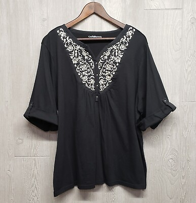 Croft Barrow Shirt Womens 2X Black Gray Embroidered Cuffed Half Sleeve Boho Plus $14.98