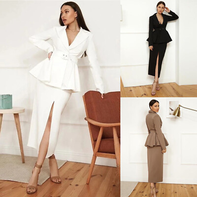 #ad White Women#x27;s Suit Ankle Length Skirt High Split Office Ladies Blazers 2 Pieces $49.99