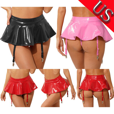 #ad US Women Wet Look Pleated Bodycon Mini Latex Skirt Tights Pencil Skirt Clubwear $14.71