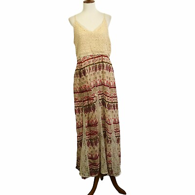 #ad J Gee Peasant Sundress Large Beige Crochet Bodice Red Green Floral Stripe A Line $29.33