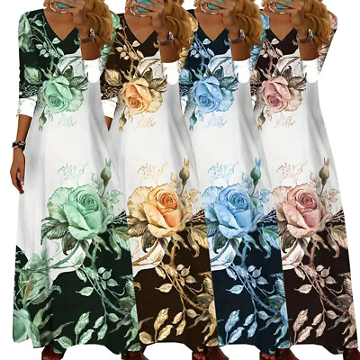 Women Buttons Long Sleeve Floral Maxi Dress Party Dress Swing Dress Formal B $19.18