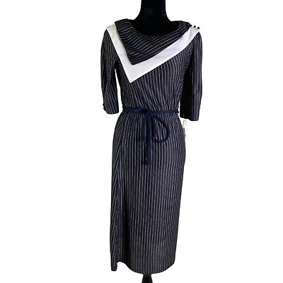 #ad vintage sears catalog 1980s Angular Collar MIDI Dress Muted Stripes Deadstock $35.00