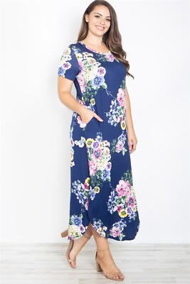 #ad Womens Plus Size Navy Blue Floral Maxi Dress 1XL Short Sleeve Pockets Stretch $29.95