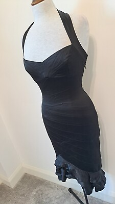 #ad KAREN MILLEN Black Satin Halter Neck Ruffled Pencil Wiggle Evening Dress Size 12 GBP 25.99