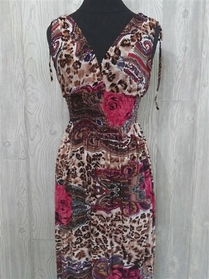 #ad NWT V Neck Wild Roses Cheetah Pink Rose Stretch Midi Dress Sundress XXL #20 $24.95
