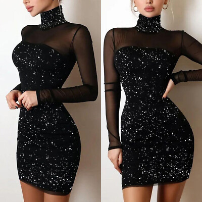 #ad Womens Sexy Mesh Sheer Mini Dress High Neck Bodycon Dress Cocktail Party Dresses $16.99