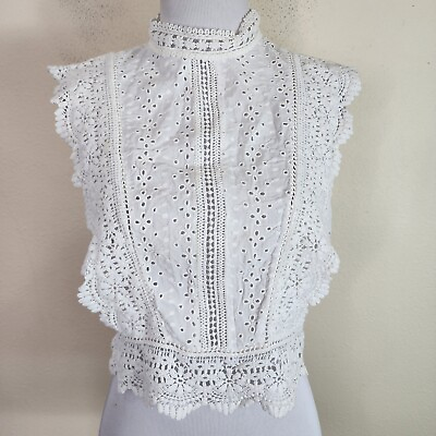 #ad Forever 21 Women#x27;s Crochet Eyelet Sleeveless Crop Blouse Size S Rayon White $8.00