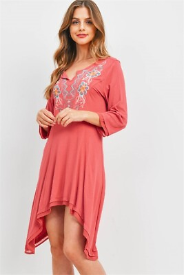 #ad Raspberry Red Embroidered Boho Dress Size Medium Asymmetrical Hem $24.95