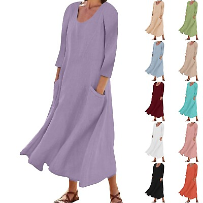 Women#x27;s Maxi Dress Long Sleeve Casual Loose Cotton Linen Pockets Long Dresses $28.89