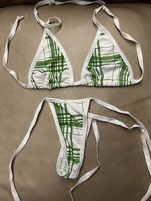 #ad NWOT Skimpy Handmade Triangle Top Thong Bottom White w Green Stripes Bikini $79.95