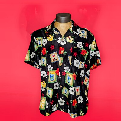 #ad #ad ROUNDY BAY Hawaiian Button Shirt COCKTAIL Men#x27;s Size Large Short Sleeve Black $19.99