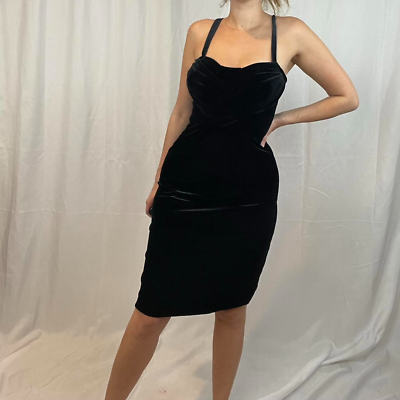 #ad #ad Black Velvet Cocktail Dress Braided Knee Length Spaghetti Strap Glam Bodycon $30.00