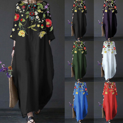 #ad Ladies 3 4 Sleeve Floral Long Dress Womens Casual Kaftan Maxi Sundress Plus Size $21.09