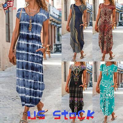 #ad Women#x27;s Boho Maxi Dress Summer Floral Beach Holiday Dresses Long Casual Sundress $15.76