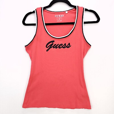 #ad Guess LA Women Tank Top Size Medium Junior Orange Embroidered Black Spelled Logo $18.00