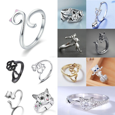 Fashion 925 Silver Party Rings Women Animal Jewelry Cute Cat Ring Gift Size 6 10 C $2.68