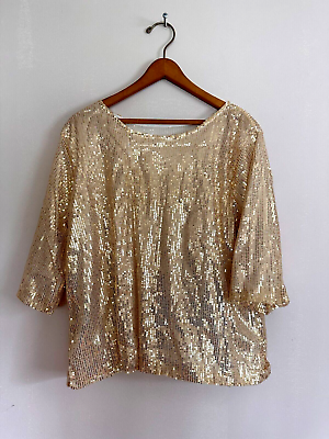 Women Full Sequin Top Glitter Party Shirt Short Sleeve Gold $18.00
