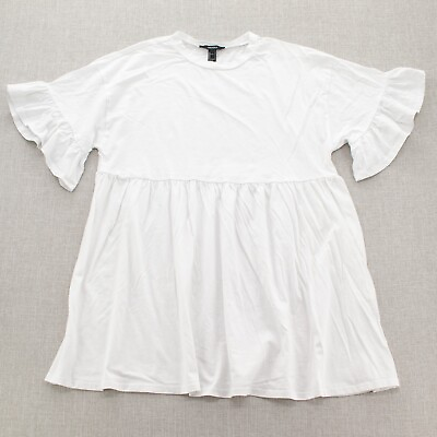 #ad Forever 21 Womens Babydoll Top Blouse Ruffle Short Sleeve Crew Neck White Sz L $14.88