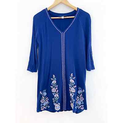 #ad Women#x27;s Bohemian Embroidered Shift Dress Blue V Neck Floral Medium $24.99