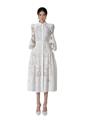 #ad White Lace Dress Ladies Maxi Embroidered Collared Puff Sleeve Belted Shirt Dress $58.50
