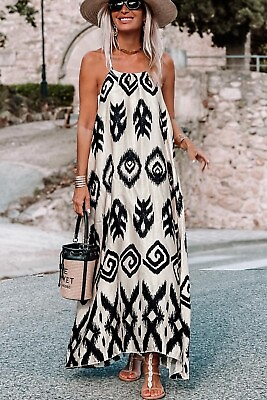 #ad Western Aztec LongPrinted Fashion Vacation Sundress In B W Comfortable For Women $35.00