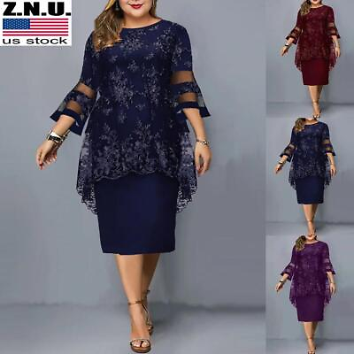 #ad Women Lace Floral Midi Dress Half Formal Evening Sleeve Party Dress Plus Size $32.98