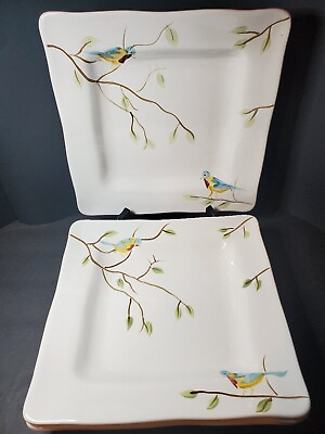#ad Pier 1 One ROBIN Earthenware 11quot; Square Dinner Plate Bird Scalloped SET OF 4 $29.99