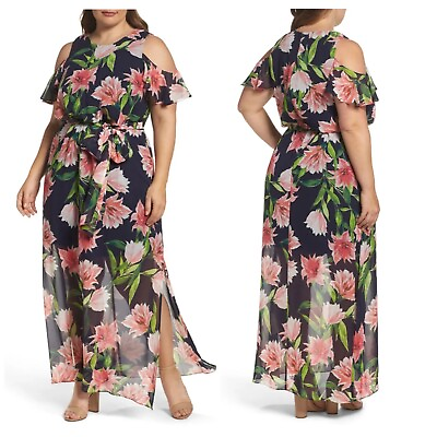 #ad Eliza J Blue Floral Maxi Dress Chiffon Cold Shoulder Tropical Tie Sash Size 18W $53.99