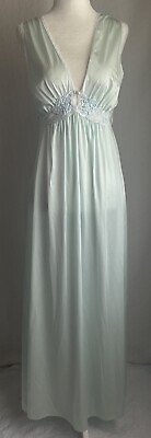 #ad Vintage Lorraine Maxi Length Nightgown Light Blue Embroidered Beaded Lace Sz M $33.99