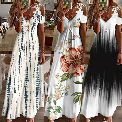 #ad Womens Lace Cold Shoulder Long Maxi Dress Ladies Summer Floral Holiday Sundress $25.79